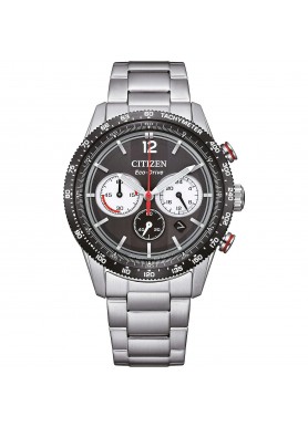 Citizen Racing CA4714-55E: quadrante nero con contatori chiari, dettagli rossi e bracciale in acciaio