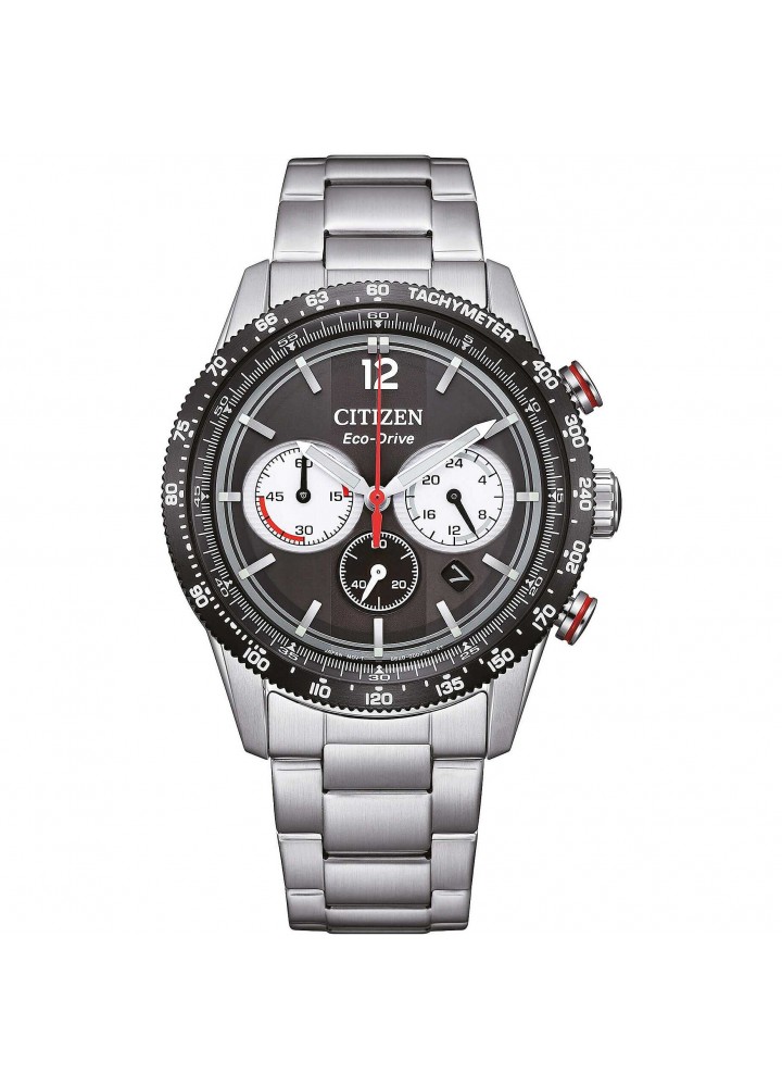 Citizen Racing CA4714-55E: quadrante nero con contatori chiari, dettagli rossi e bracciale in acciaio