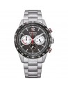 Citizen Racing CA4714-55E: quadrante nero con contatori chiari, dettagli rossi e bracciale in acciaio