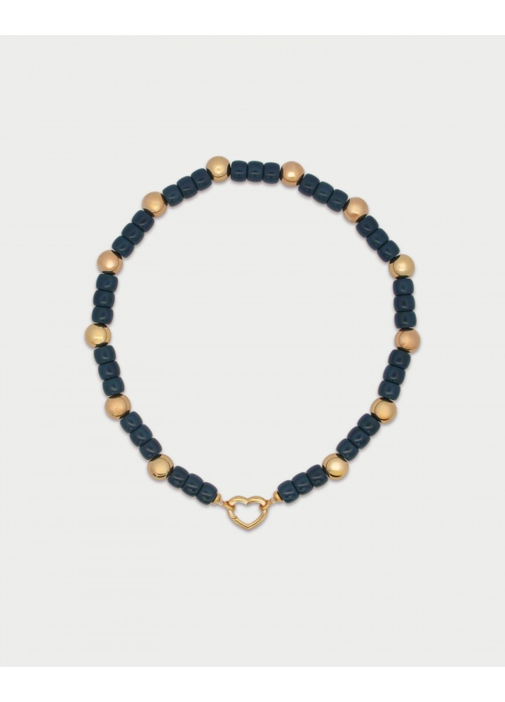 Collana Rue des Mille Charm Bar Boule blu navy con cuore dorato