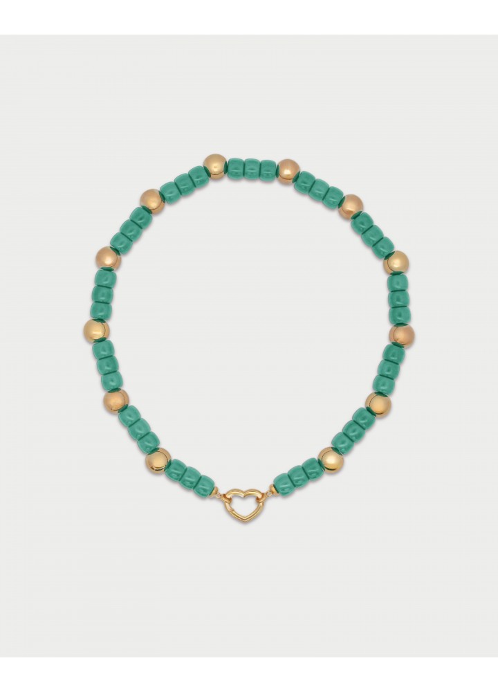 Collana Rue des Mille Charm Bar Boule verde laguna con cuore dorato
