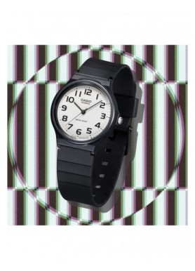 Casio MQ-24-7B2LEG – vista inclinata dell’analogico nero con quadrante bianco