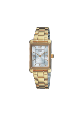Casio LTP-1234PG-7AEG – vista frontale dell’orologio rettangolare in tonalità oro con quadrante chiaro