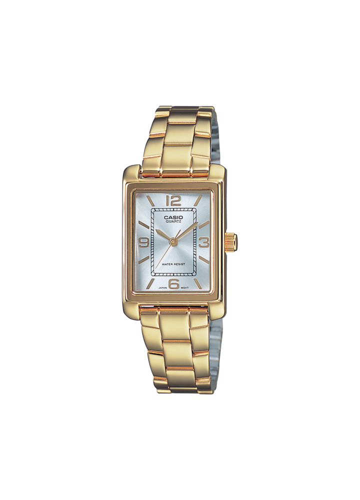 Casio LTP-1234PG-7AEG – vista frontale dell’orologio rettangolare in tonalità oro con quadrante chiaro