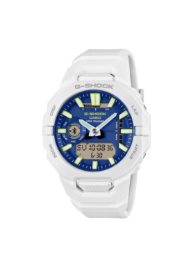 Casio GBA-950-7A2ER – vista frontale dell’analogico-digitale bianco con quadrante blu