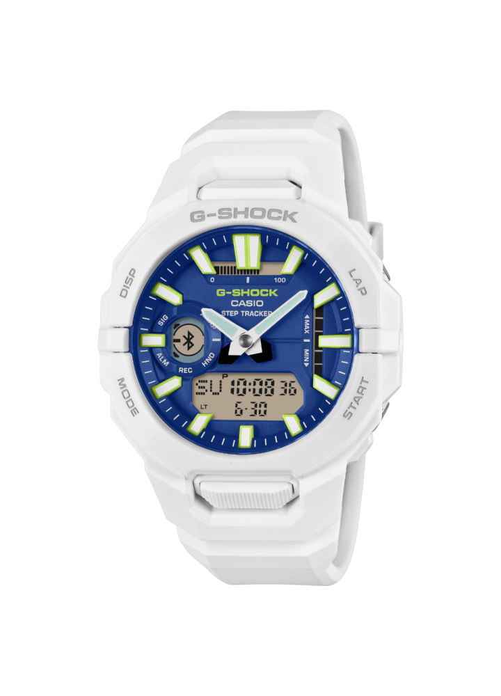 Casio GBA-950-7A2ER – vista frontale dell’analogico-digitale bianco con quadrante blu