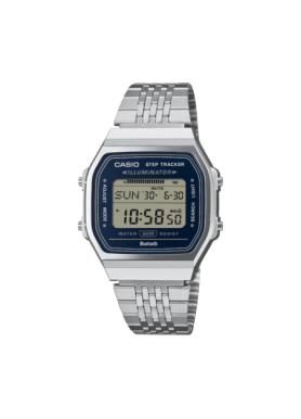 Casio Vintage ABL-100WE-2AEF, vista frontale con quadrante blu navy e bracciale argentato
