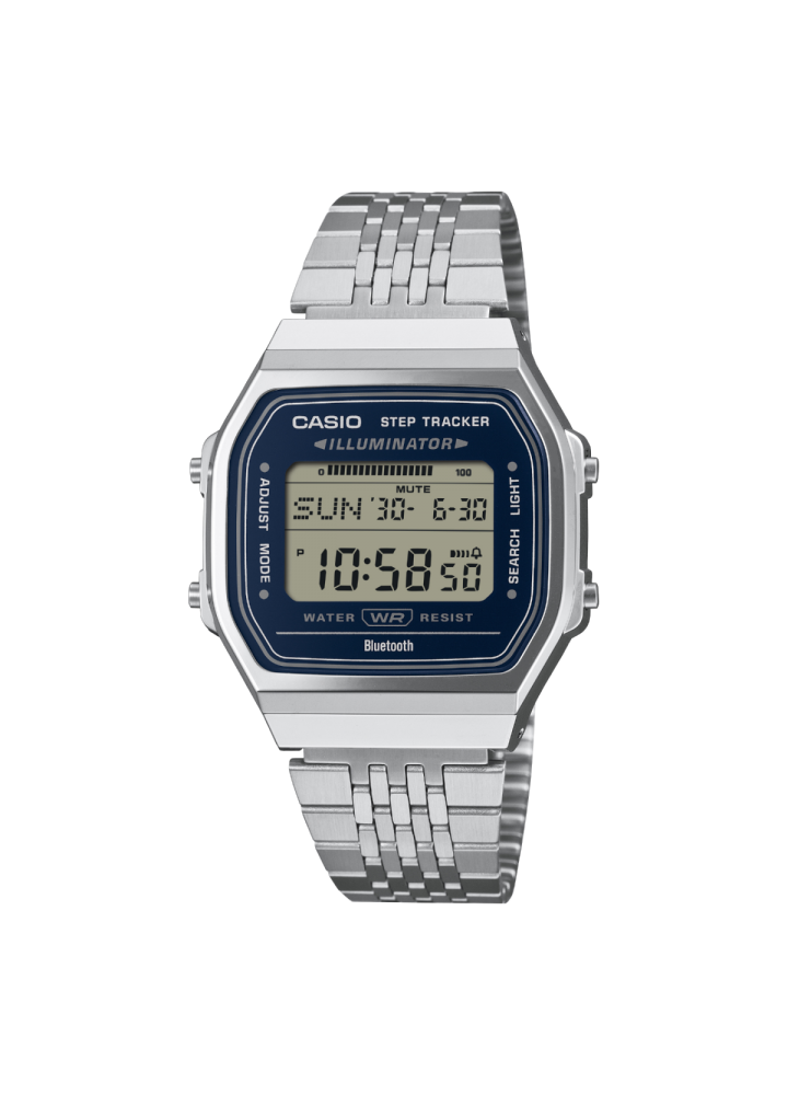 Casio Vintage ABL-100WE-2AEF, vista frontale con quadrante blu navy e bracciale argentato