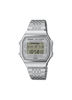 Casio Vintage ABL-100WE-7AEF, vista frontale con quadrante grigio e bracciale argentato