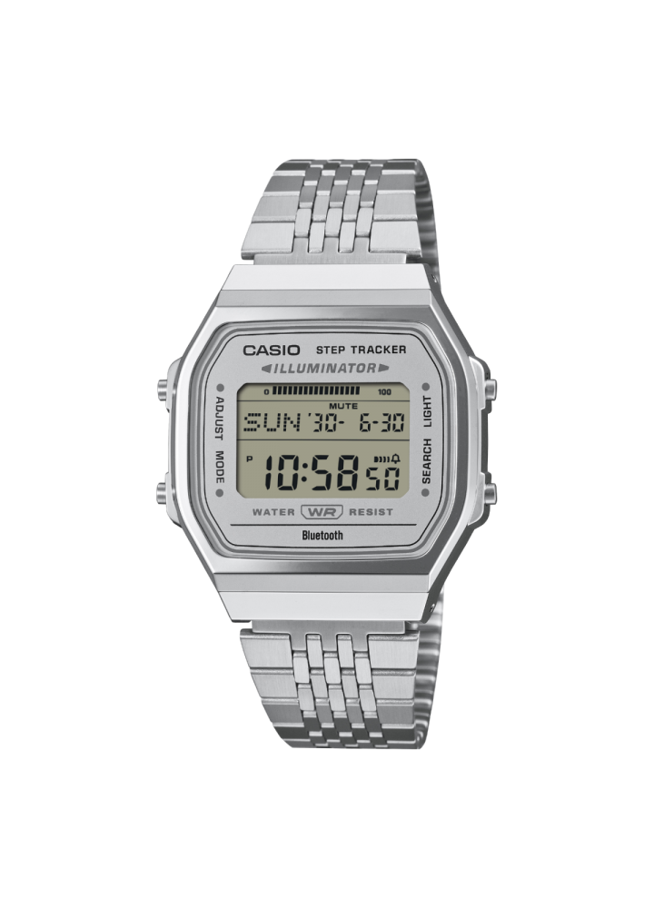 Casio Vintage ABL-100WE-7AEF, vista frontale con quadrante grigio e bracciale argentato