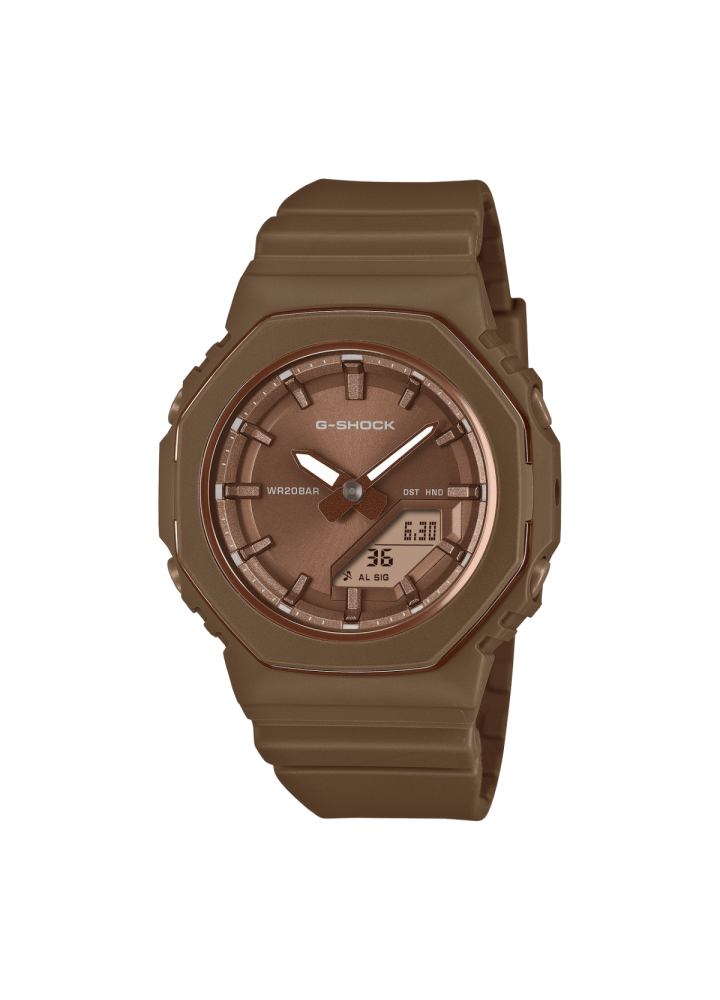 G-SHOCK GMA-P2110B-5AER marrone scuro, vista frontale della cassa ottagonale