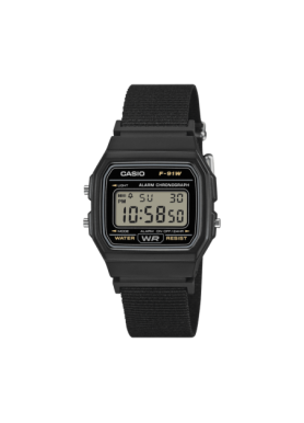 Casio F-91WF-1AEF nero, vista frontale con cinturino in tessuto