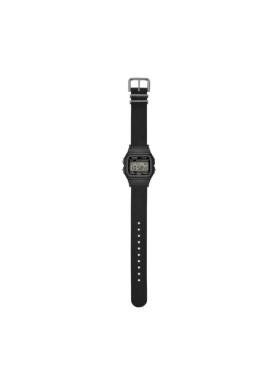 Casio F-91WF-1AEF nero, vista completa con cinturino aperto e fibbia argentata
