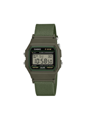 Casio F-91WF-3AEF verde, vista frontale con cinturino in tessuto