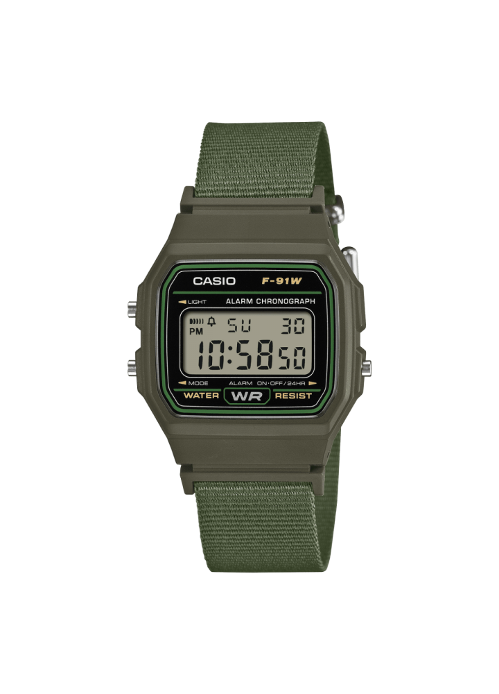 Casio F-91WF-3AEF verde, vista frontale con cinturino in tessuto