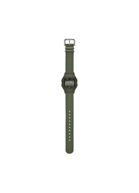 Casio F-91WF-3AEF verde, vista completa con cinturino aperto e fibbia argentata