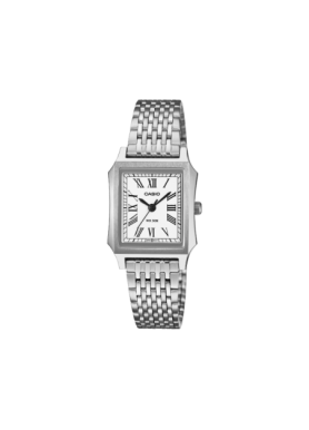Casio LTP-B190D-7BVER, vista frontale con quadrante bianco e bracciale in acciaio