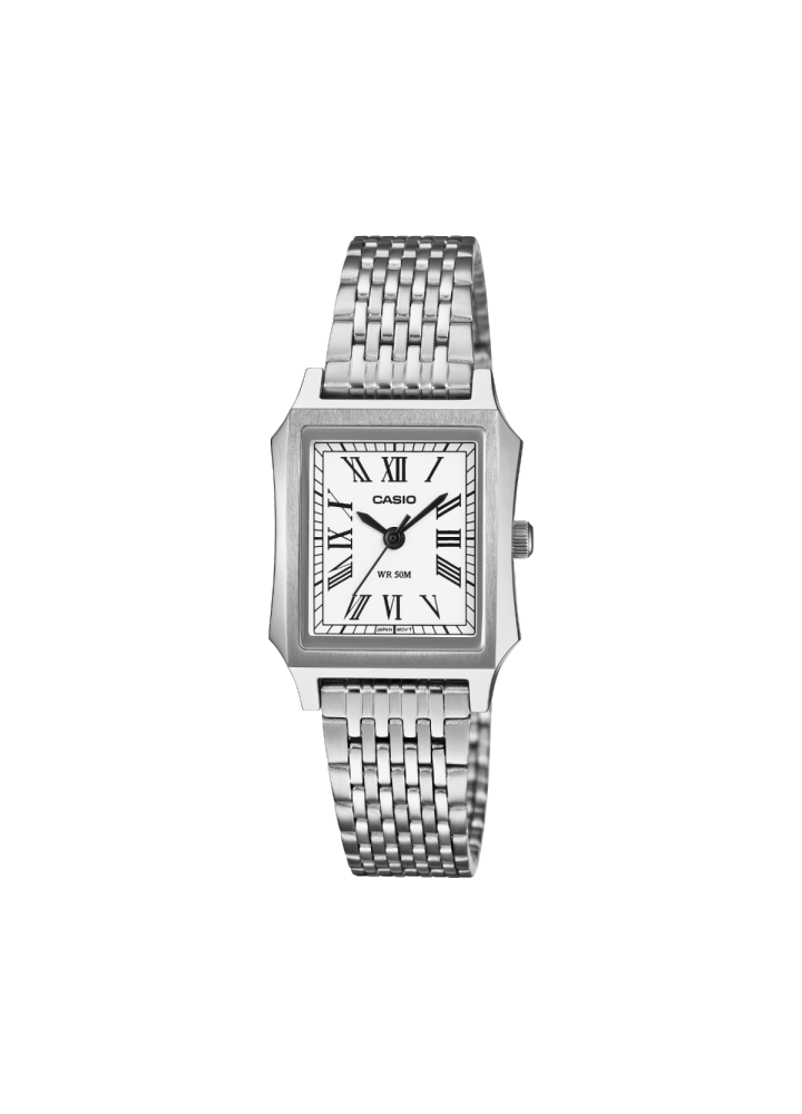 Casio LTP-B190D-7BVER, vista frontale con quadrante bianco e bracciale in acciaio