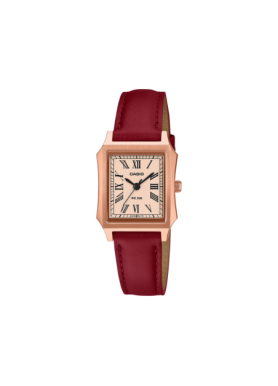 Casio LTP-B190RGL-4BVER, vista frontale con cassa rosé e cinturino rosso in pelle