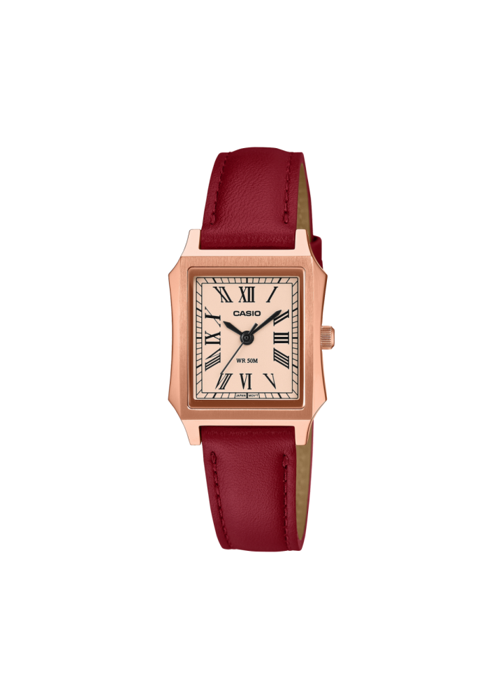 Casio LTP-B190RGL-4BVER, vista frontale con cassa rosé e cinturino rosso in pelle